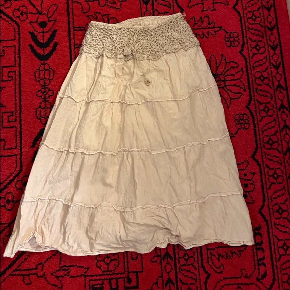 Cream Tiered Maxi Skirt with Crochet Waistband